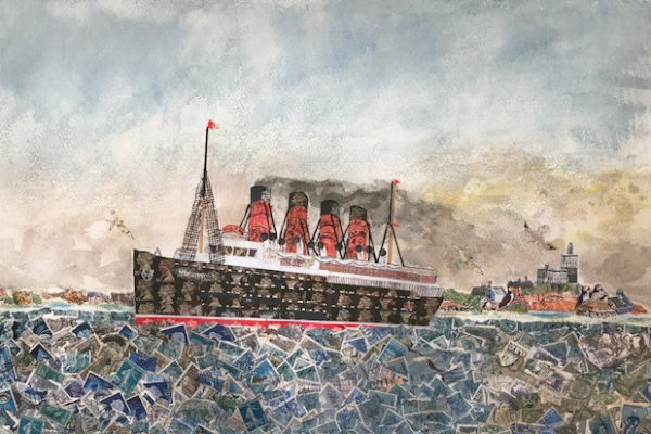 artwork depicting RMS Mauretania and Coquet Island