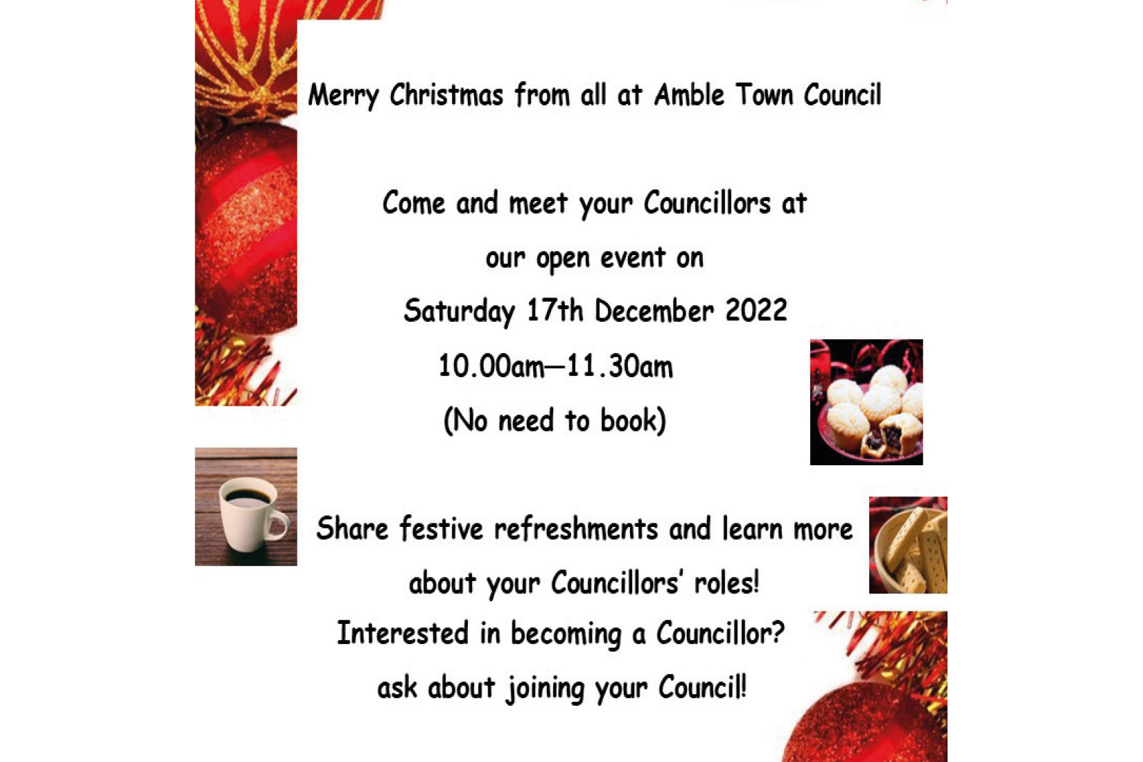 Public invitation to an open event at Amble Town Council 17 Dec 2022 10am-11.30am